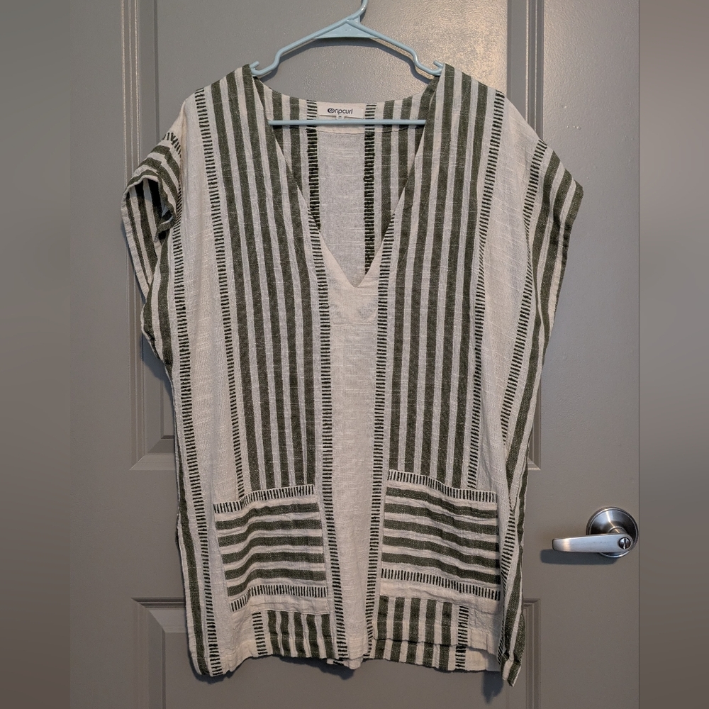 Rip Curl Green and White Striped Tunic Kaftan Size Medium